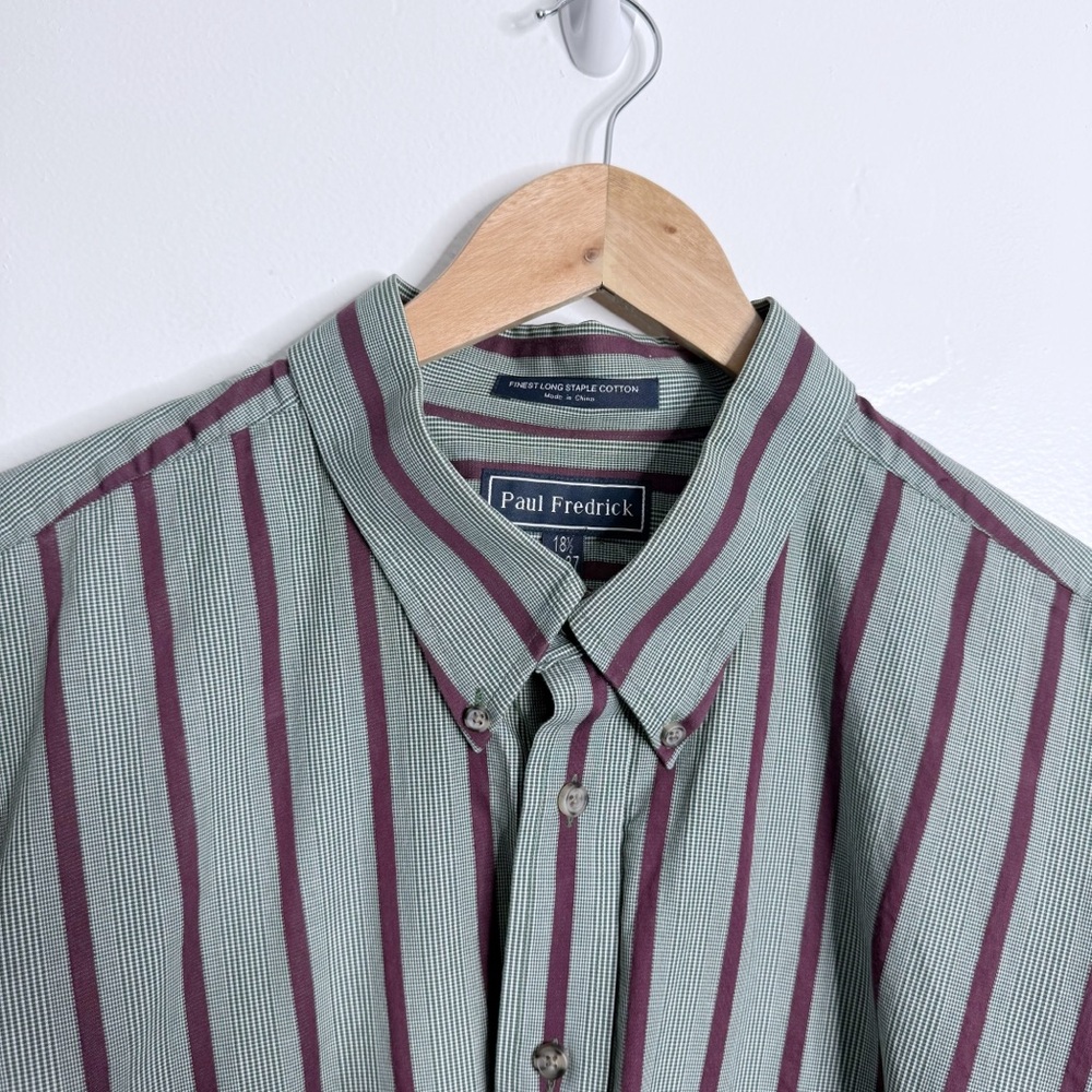 Paul Fredrick Men’s 18 1/2 36/37 Long Sleeve Button Down Shirt Green Burg Stripe